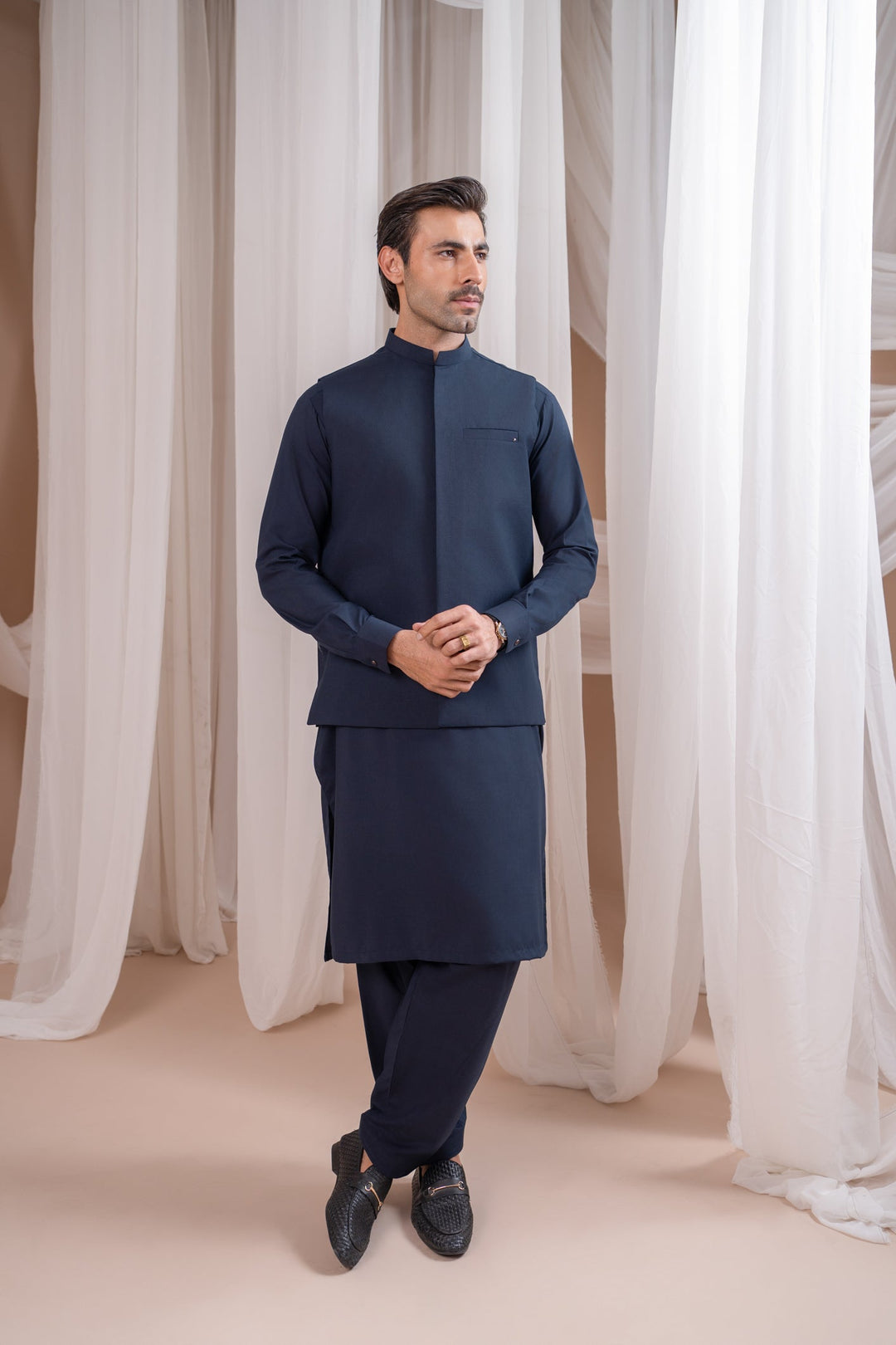 Muraqsh Ready To Wear Solids Cotton Men Navy Blue Formal Kameez Shalwar with Blended Waistcoat Straight Cut MUR-NBFKS - Summer Collection