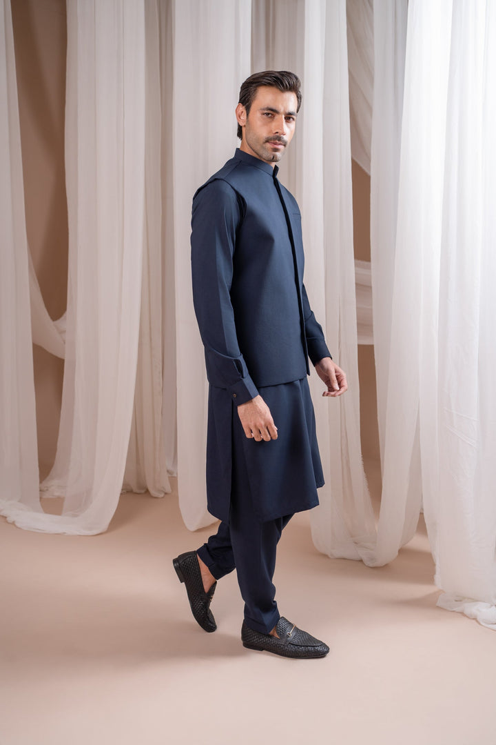 Muraqsh Ready To Wear Solids Cotton Men Navy Blue Formal Kameez Shalwar with Blended Waistcoat Straight Cut MUR-NBFKS - Summer Collection