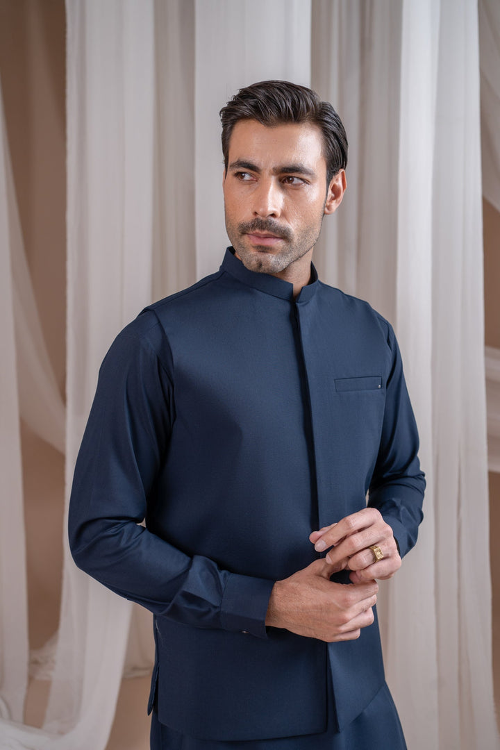 Muraqsh Ready To Wear Solids Cotton Men Navy Blue Formal Kameez Shalwar with Blended Waistcoat Straight Cut MUR-NBFKS - Summer Collection