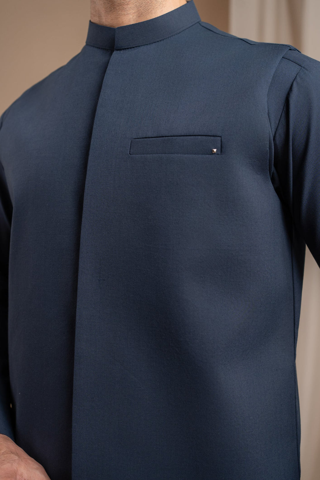 Muraqsh Ready To Wear Solids Cotton Men Navy Blue Formal Kameez Shalwar with Blended Waistcoat Straight Cut MUR-NBFKS - Summer Collection