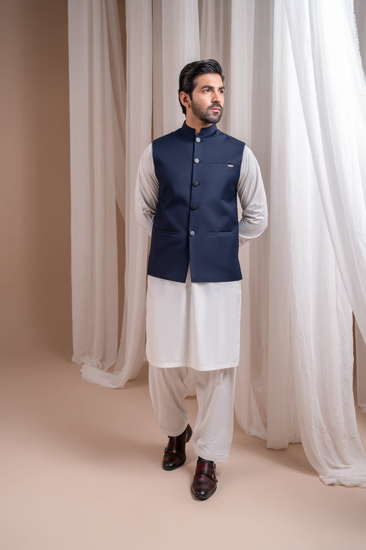 Muraqsh Ready To Wear Solids Cotton Men Off White Kurta Shalwar with Navy Blue Suiting Waistcoat Straight Cut MUR-OWKSW-KT - Summer Collection