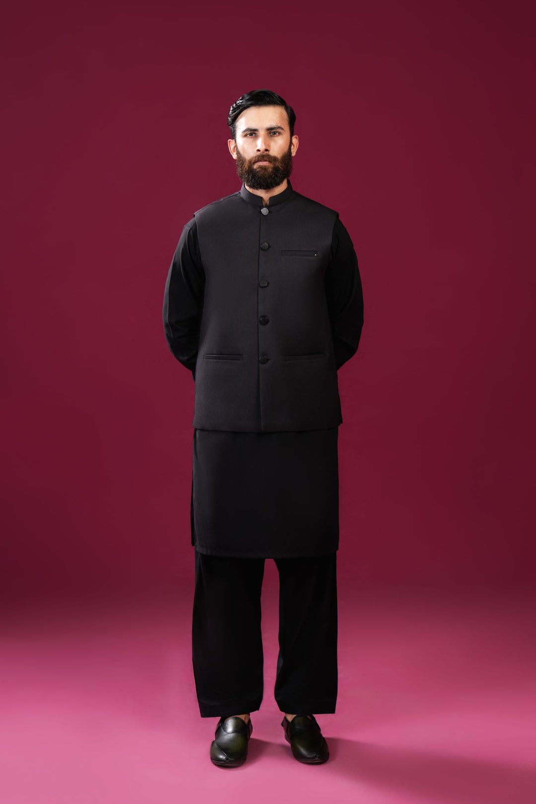 Muraqsh Ready To Wear Solids Cotton Men Black Kameez Shalwar with Suiting Waistcoat Straight Cut MUR-BKSWS-KT - Summer Collection