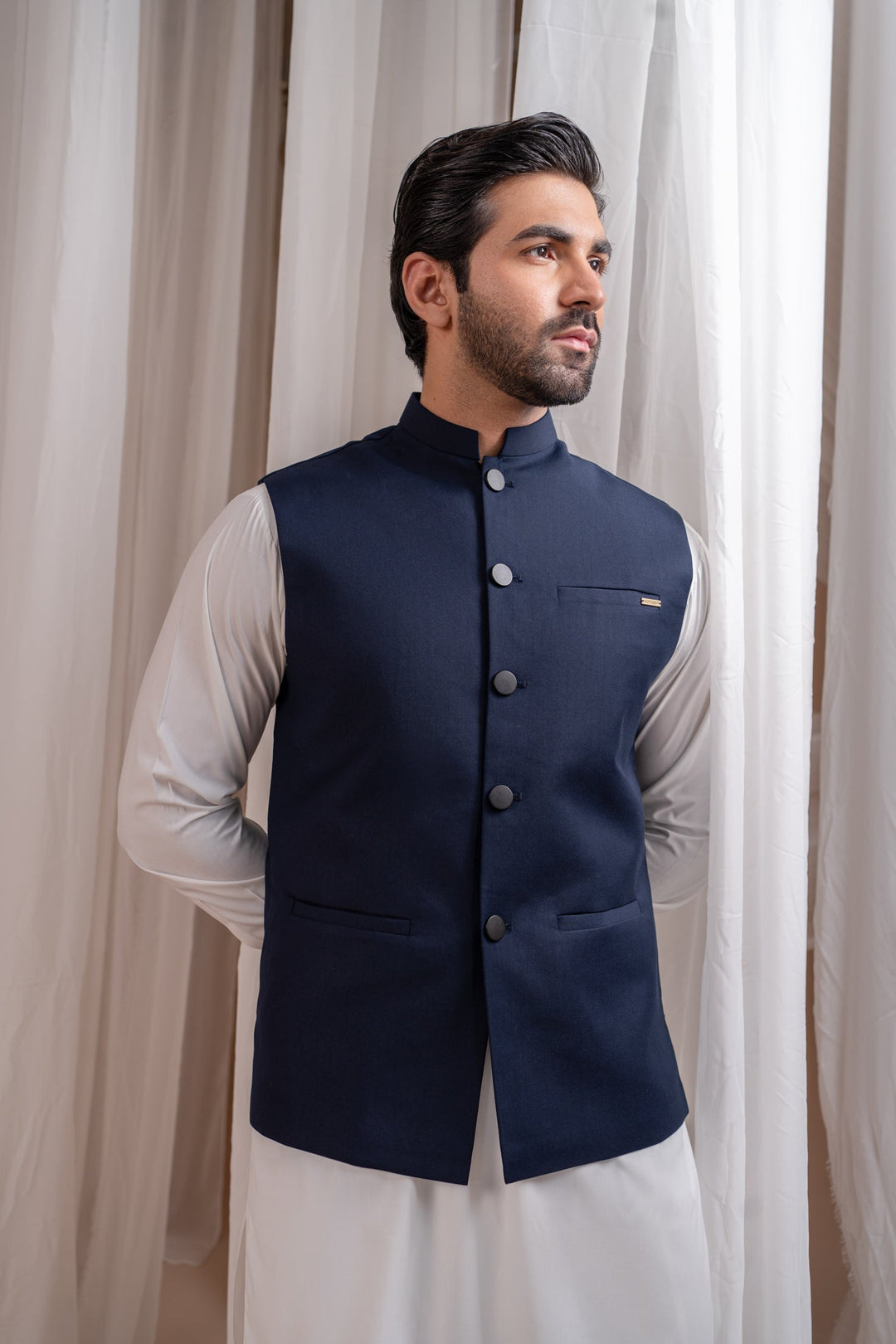 Muraqsh Ready To Wear Solids Cotton Men Off White Kurta Shalwar with Navy Blue Suiting Waistcoat Straight Cut MUR-OWKSW-KT - Summer Collection