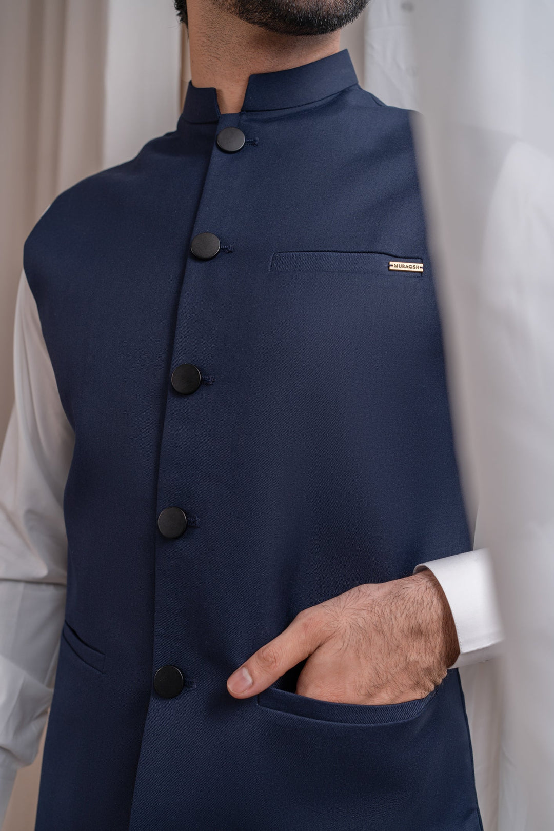 Muraqsh Ready To Wear Solids Cotton Men Off White Kurta Shalwar with Navy Blue Suiting Waistcoat Straight Cut MUR-OWKSW-KT - Summer Collection