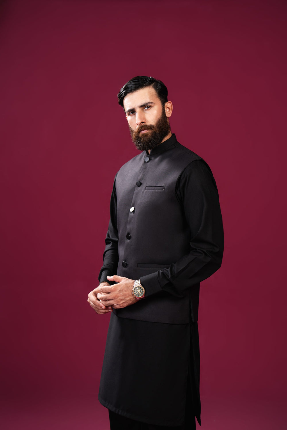Muraqsh Ready To Wear Solids Cotton Men Black Kameez Shalwar with Suiting Waistcoat Straight Cut MUR-BKSWS-KT - Summer Collection