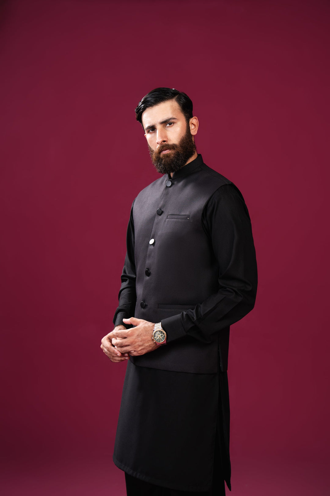 Muraqsh Ready To Wear Solids Cotton Men Black Suiting Waistcoat Straight Cut Buttoned MUR-BSW - Summer Collection
