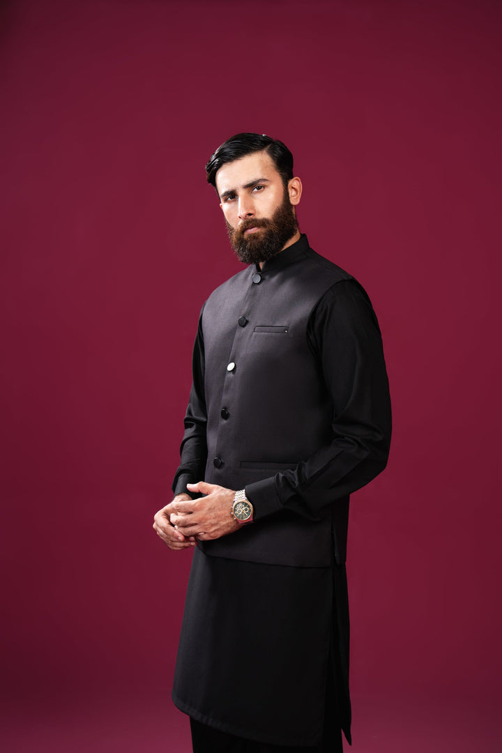 Muraqsh Ready To Wear Solids Cotton Men Black Kameez Shalwar with Suiting Waistcoat Straight Cut MUR-BKSWS-KT - Summer Collection