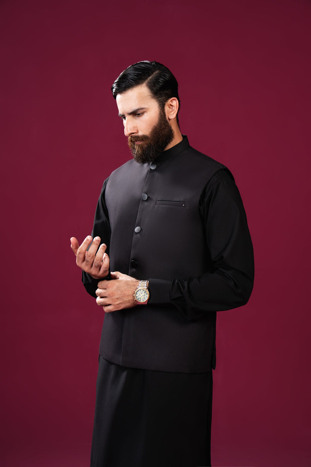 Muraqsh Ready To Wear Solids Cotton Men Black Kameez Shalwar with Suiting Waistcoat Straight Cut MUR-BKSWS-KT - Summer Collection