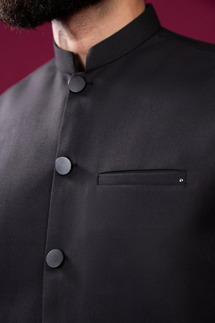 Muraqsh Ready To Wear Solids Cotton Men Black Kameez Shalwar with Suiting Waistcoat Straight Cut MUR-BKSWS-KT - Summer Collection