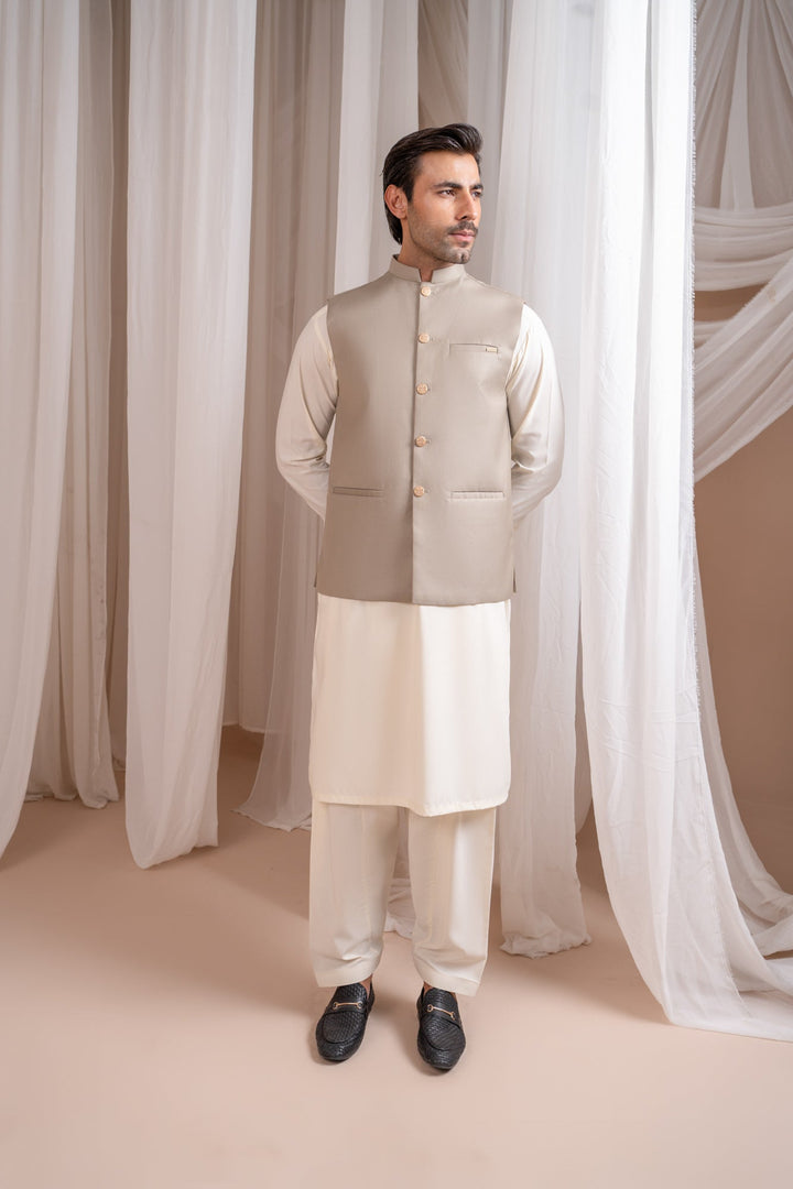 Muraqsh Ready To Wear Solids Bosky Men Bosky White Kurta Shalwar with Beige Suiting Waistcoat Straight Cut MUR-BWKSW-KT - Summer Collection