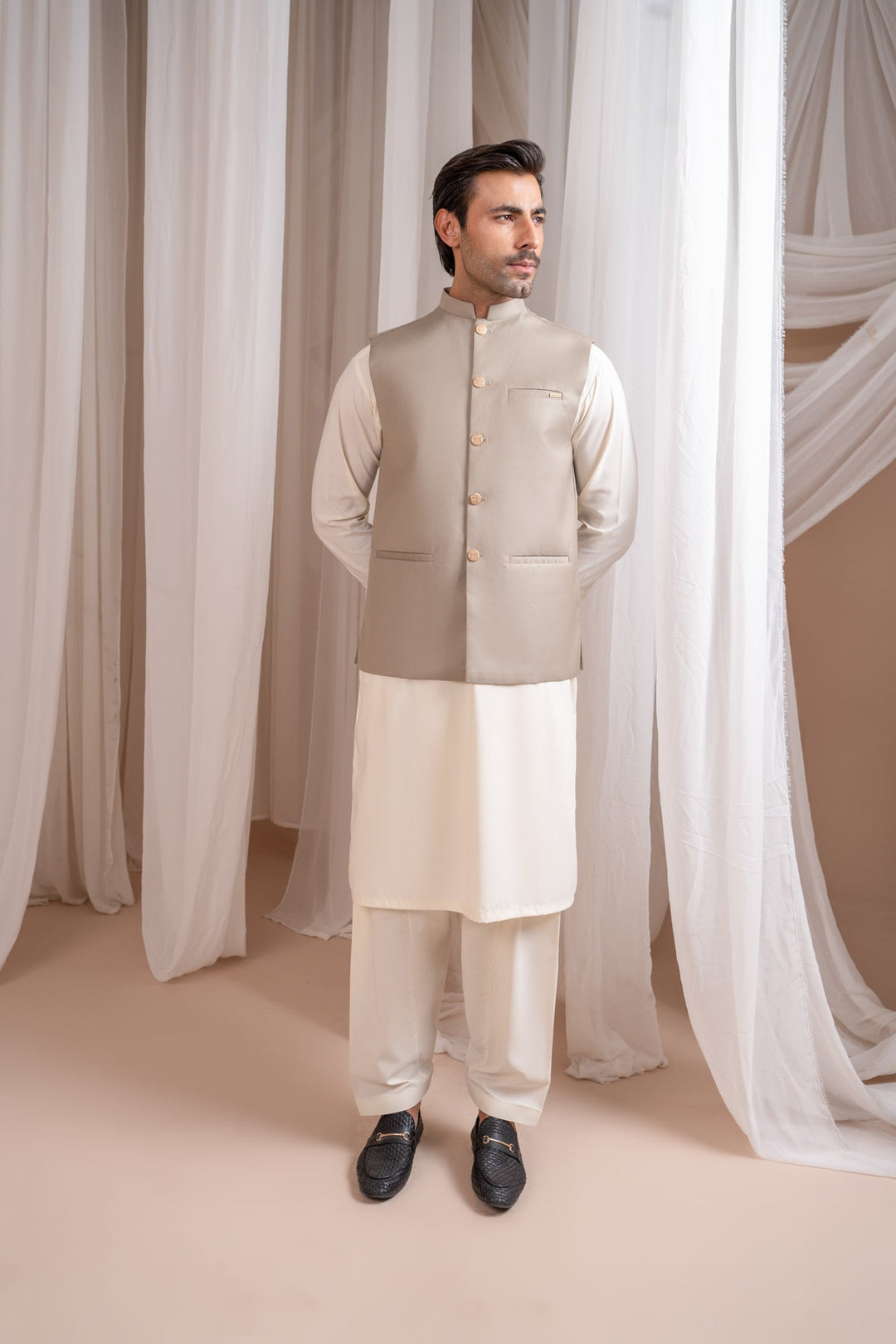 Muraqsh Ready To Wear Solids Bosky Men Bosky White Kurta Shalwar with Beige Suiting Waistcoat Straight Cut MUR-BWKSW-KT - Summer Collection