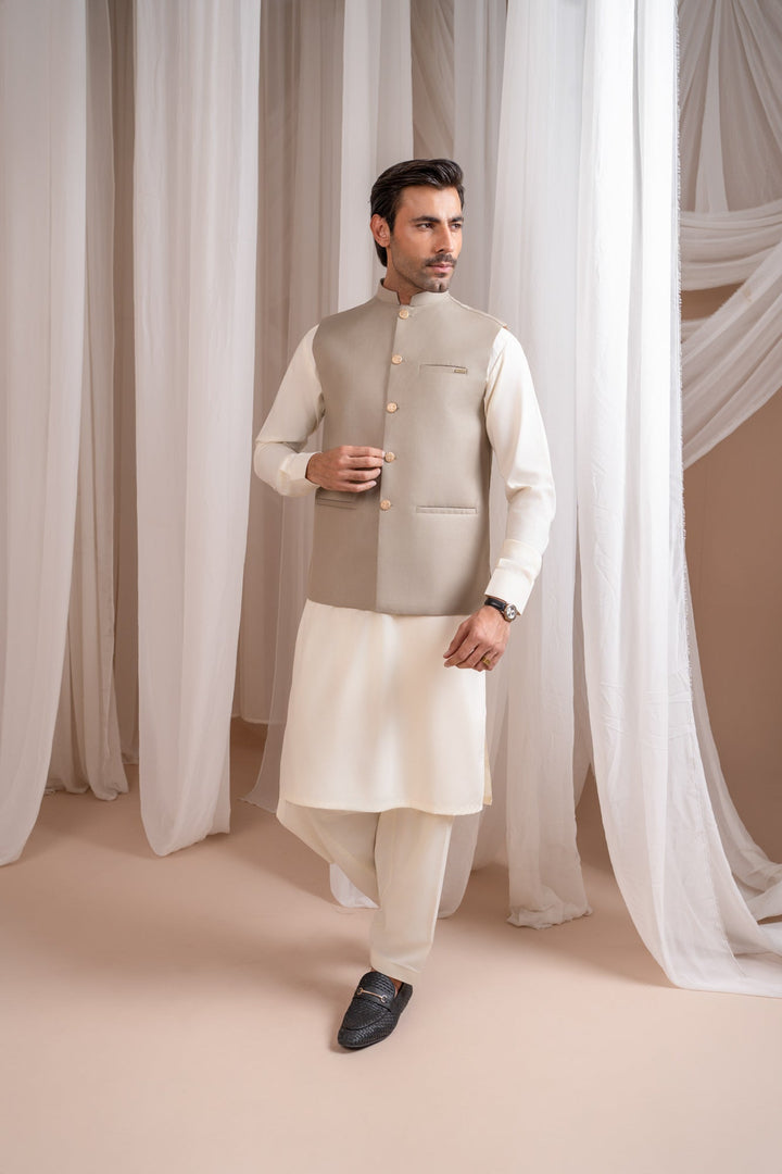 Muraqsh Ready To Wear Solids Bosky Men Bosky White Kurta Shalwar with Beige Suiting Waistcoat Straight Cut MUR-BWKSW-KT - Summer Collection