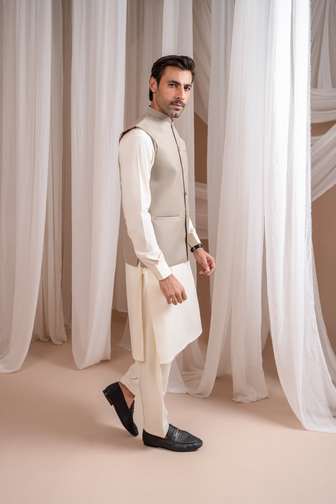 Muraqsh Ready To Wear Solids Bosky Men Bosky White Kurta Shalwar with Beige Suiting Waistcoat Straight Cut MUR-BWKSW-KT - Summer Collection