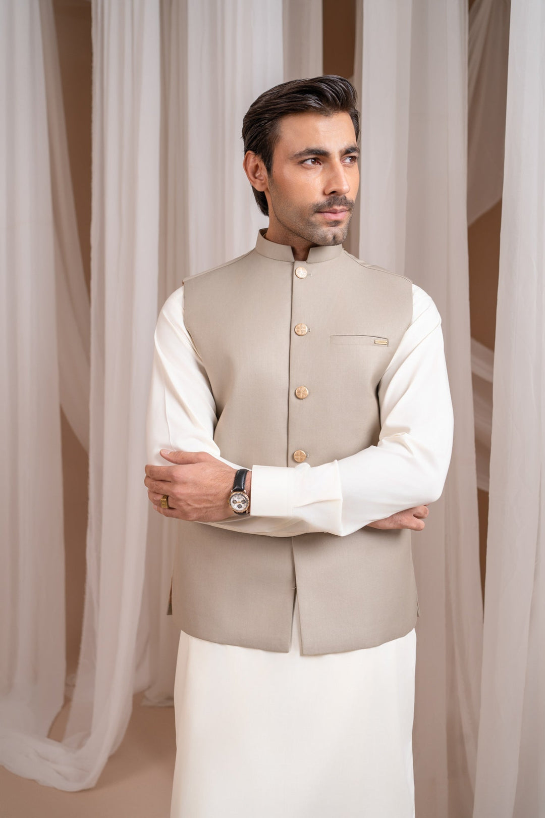 Muraqsh Ready To Wear Solids Bosky Men Bosky White Kurta Shalwar with Beige Suiting Waistcoat Straight Cut MUR-BWKSW-KT - Summer Collection