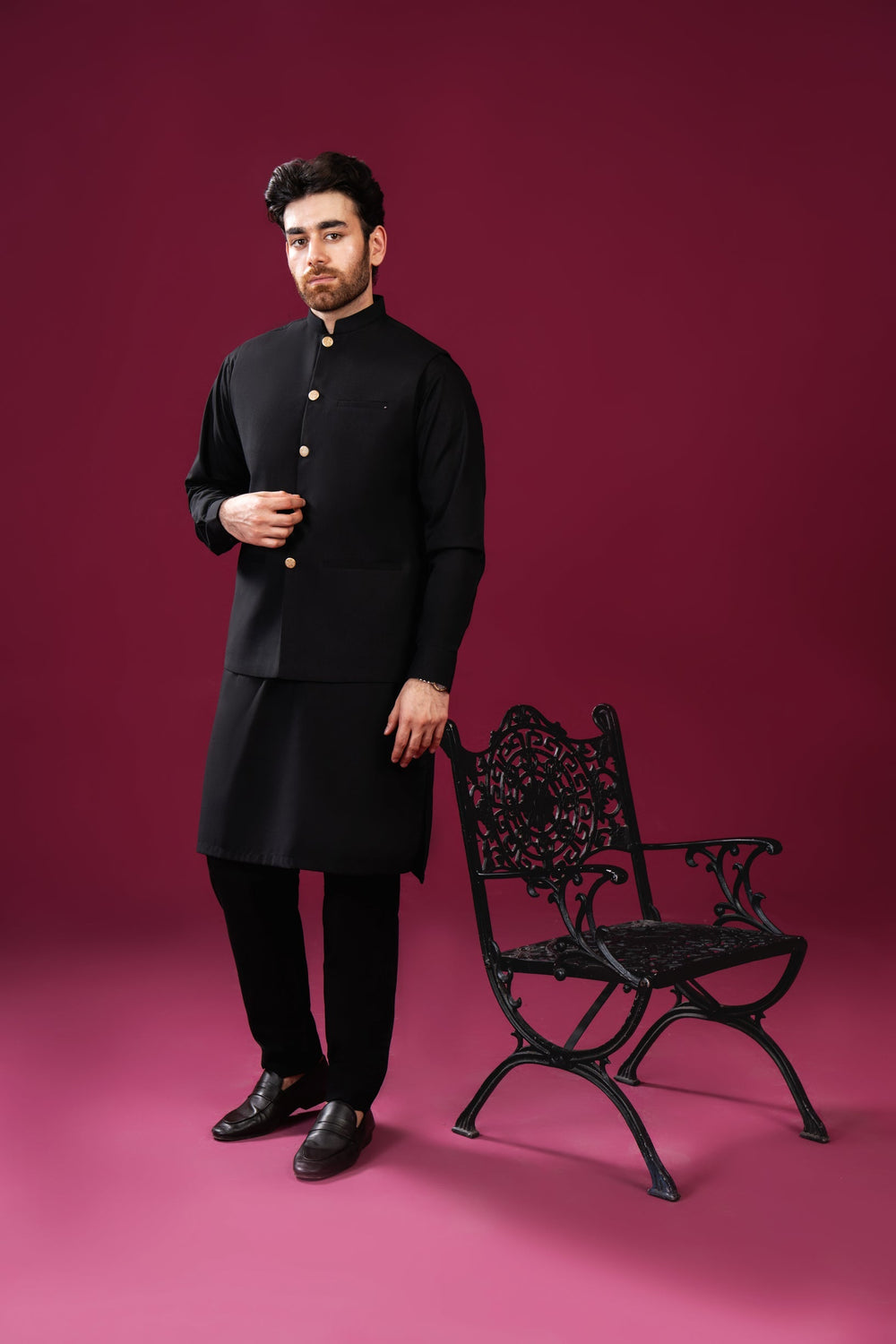 Muraqsh Ready To Wear Solids Cotton Men Black Kurta Trouser with Blended Waistcoat Straight Cut MUR-BKTWB - Summer Collection