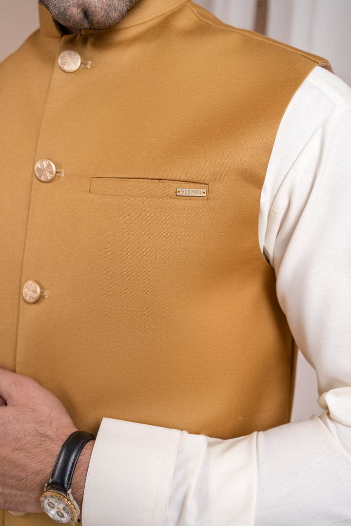 Muraqsh Ready To Wear Solids Bosky Men Bosky White Kurta Shalwar with Camel Suiting Waistcoat Straight Cut MUR-BWKSW-KT - Summer Collection