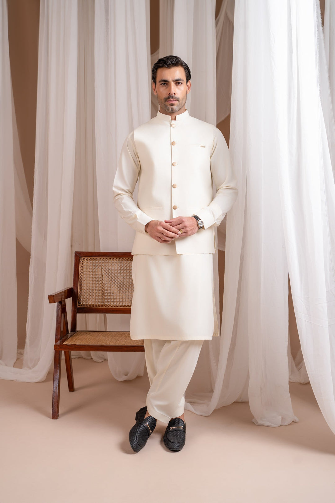 Muraqsh Ready To Wear Solids Bosky Men Bosky White Luxury Formal Kameez Shalwar with Blended Waistcoat Straight Cut Buttoned MUR-BWFKS - Summer Collection