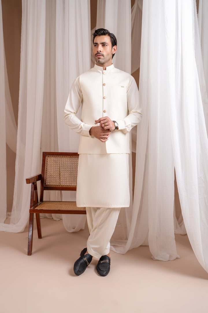 Muraqsh Ready To Wear Solids Bosky Men Bosky White Luxury Formal Kameez Shalwar with Blended Waistcoat Straight Cut Buttoned MUR-BWFKS - Summer Collection