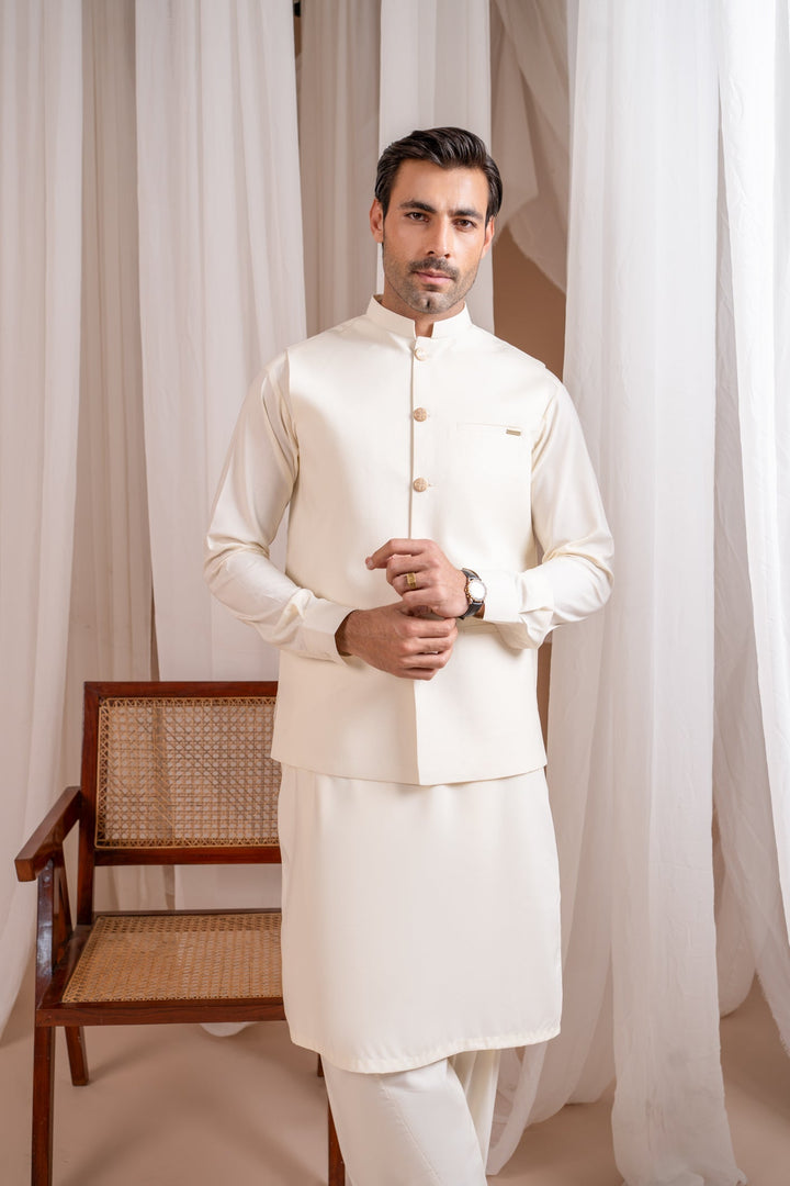 Muraqsh Ready To Wear Solids Bosky Men Bosky White Luxury Blended Waistcoat Straigth Cut Buttoned MUR-BWLBW - Summer Collection