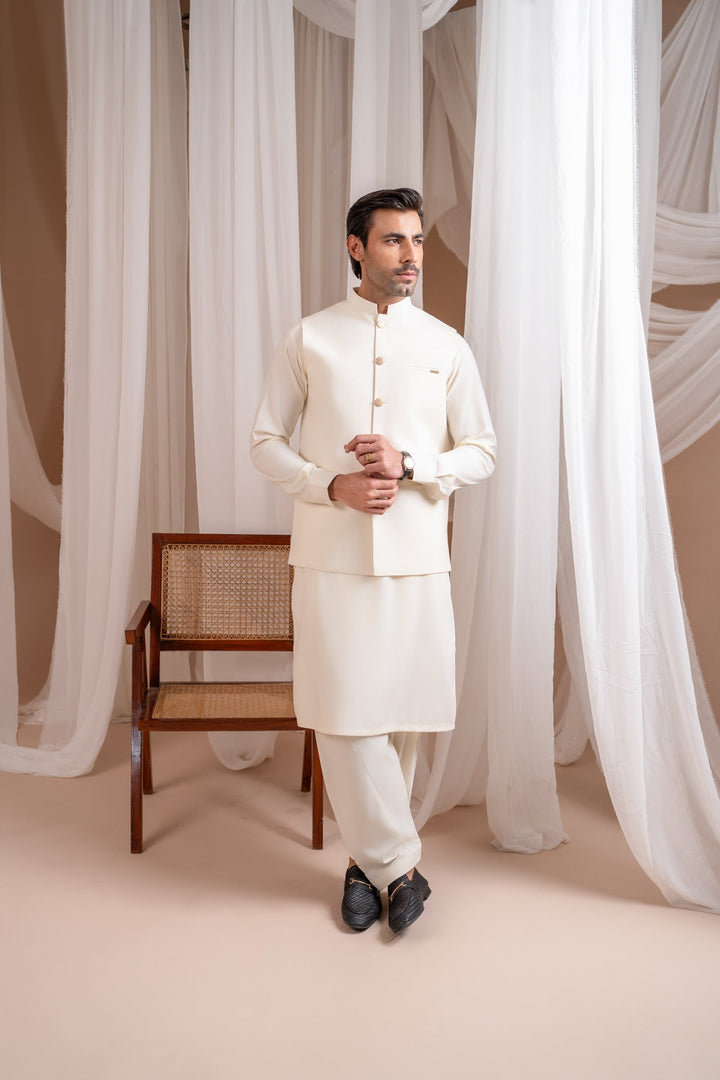 Muraqsh Ready To Wear Solids Bosky Men Bosky White Luxury Formal Kameez Shalwar with Blended Waistcoat Straight Cut Buttoned MUR-BWFKS - Summer Collection