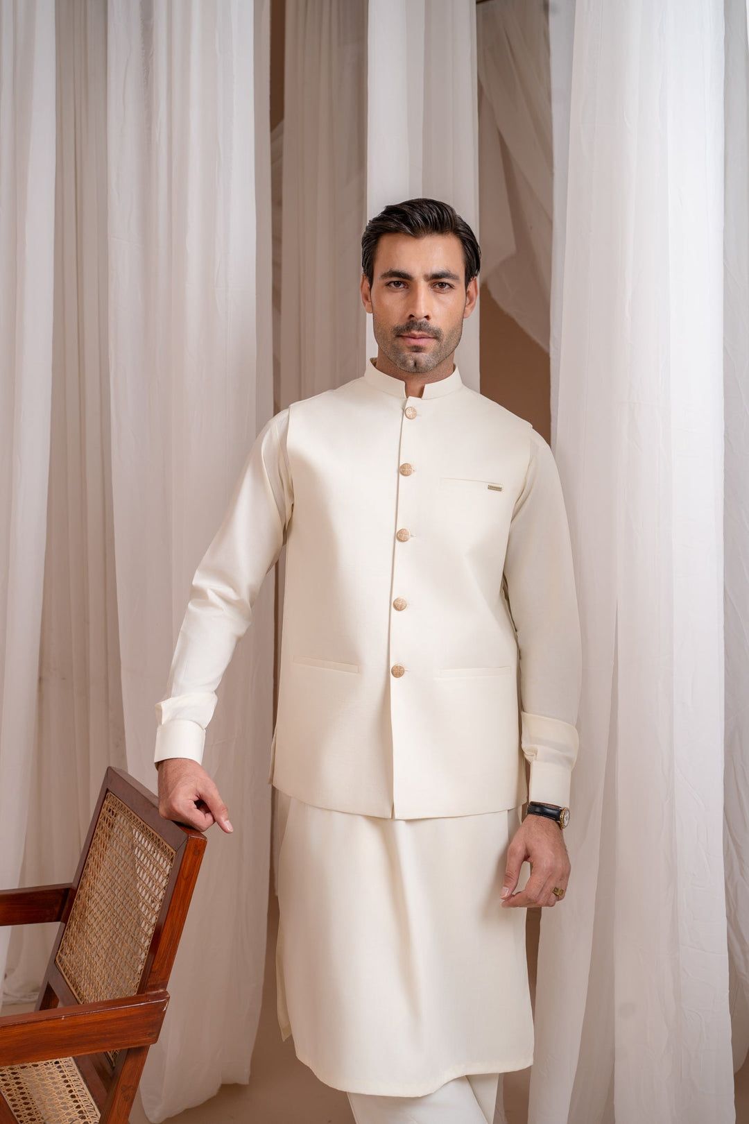 Muraqsh Ready To Wear Solids Bosky Men Bosky White Luxury Formal Kameez Shalwar with Blended Waistcoat Straight Cut Buttoned MUR-BWFKS - Summer Collection