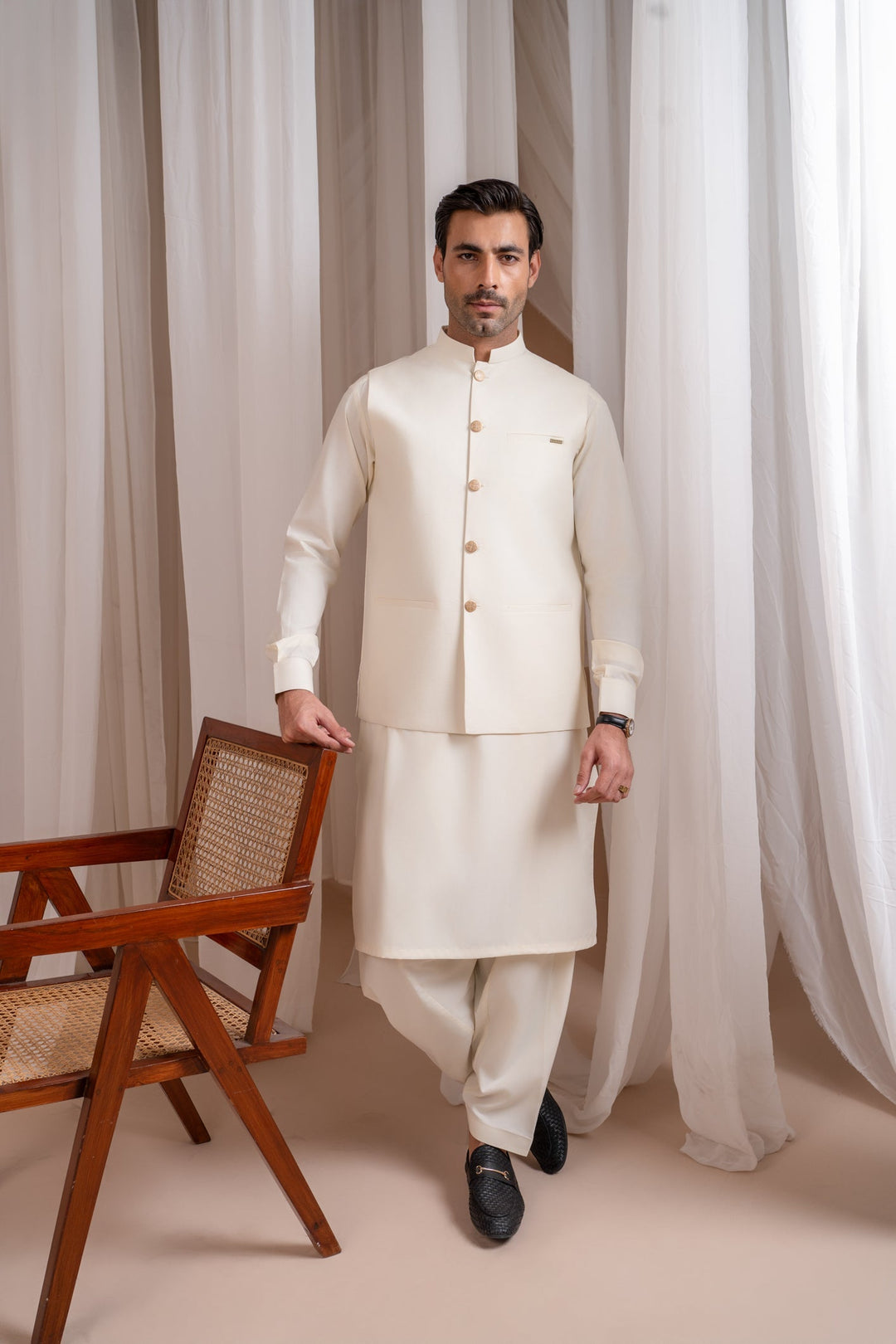 Muraqsh Ready To Wear Solids Bosky Men Bosky White Luxury Formal Kameez Shalwar with Blended Waistcoat Straight Cut Buttoned MUR-BWFKS - Summer Collection