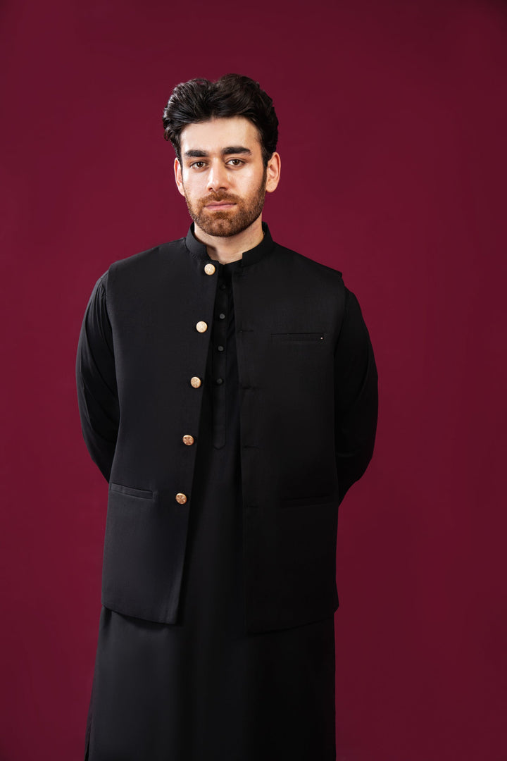 Muraqsh Ready To Wear Solids Cotton Men Black Kurta Trouser with Blended Waistcoat Straight Cut MUR-BKTWB - Summer Collection