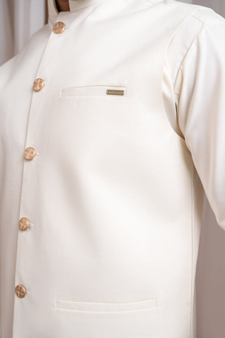 Muraqsh Ready To Wear Solids Bosky Men Bosky White Luxury Formal Kameez Shalwar with Blended Waistcoat Straight Cut Buttoned MUR-BWFKS - Summer Collection