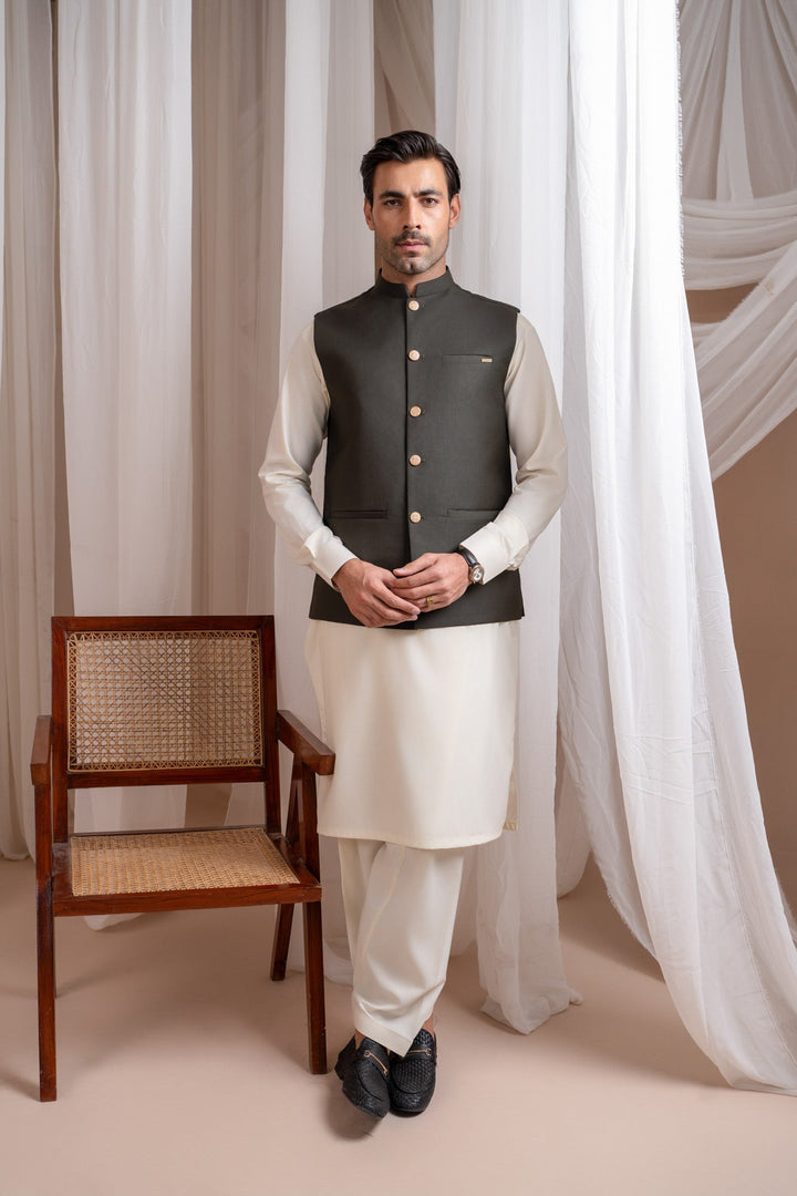 Muraqsh Ready To Wear Solids Bosky Men Bosky White Kurta Shalwar with Army Green Suiting Waistcoat Straight Cut MUR-BWKSW-KT - Summer Collection