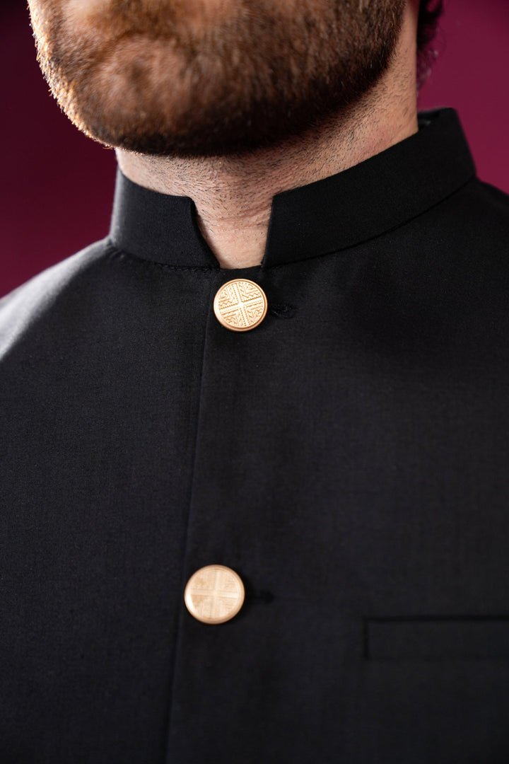 Muraqsh Ready To Wear Solids Cotton Men Black Blended Waistcoat Straight Cut Buttoned MUR-BBW - Summer Collection