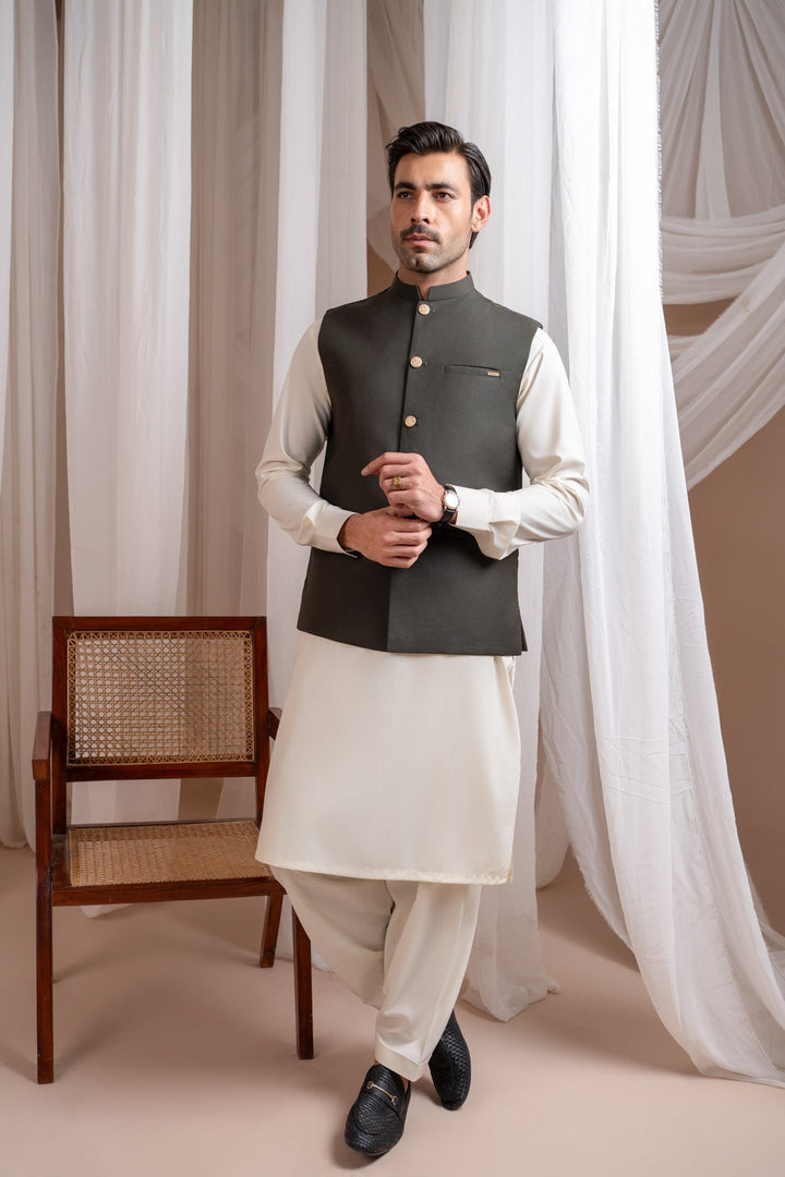 Muraqsh Ready To Wear Solids Bosky Men Bosky White Kurta Shalwar with Army Green Suiting Waistcoat Straight Cut MUR-BWKSW-KT - Summer Collection