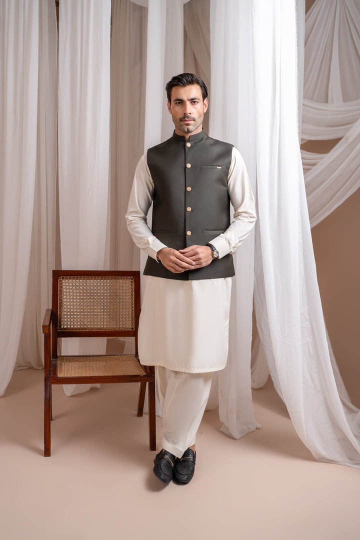 Muraqsh Ready To Wear Solids Cotton Men Deep Army Green Suiting Waistcoat Straight Cut Buttoned MUR-AGSW - Summer Collection