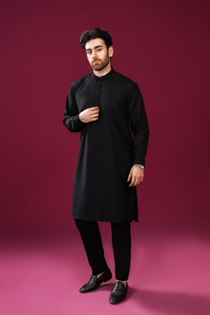 Muraqsh Ready To Wear Solids Cotton Men Crow Black Kurta Trouser/Shalwar MUR-CBKT-HL - Summer Collection