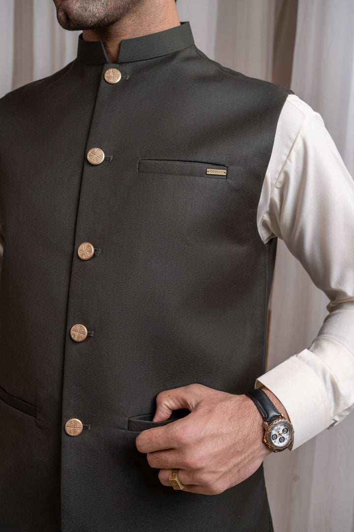 Muraqsh Ready To Wear Solids Bosky Men Bosky White Kurta Shalwar with Army Green Suiting Waistcoat Straight Cut MUR-BWKSW-KT - Summer Collection