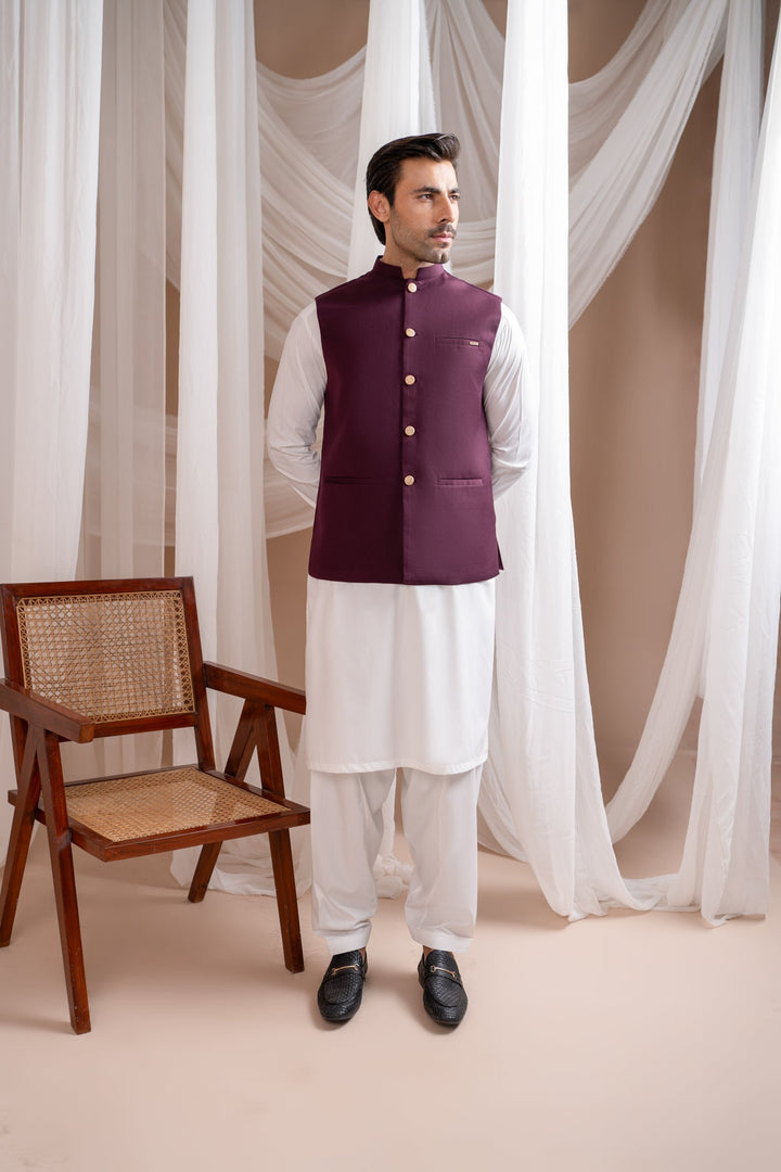 Muraqsh Ready To Wear Solids Cotton Men Burgundy Suiting Waistcoat Straight Cut Buttoned MUR-BSW - Summer Collection