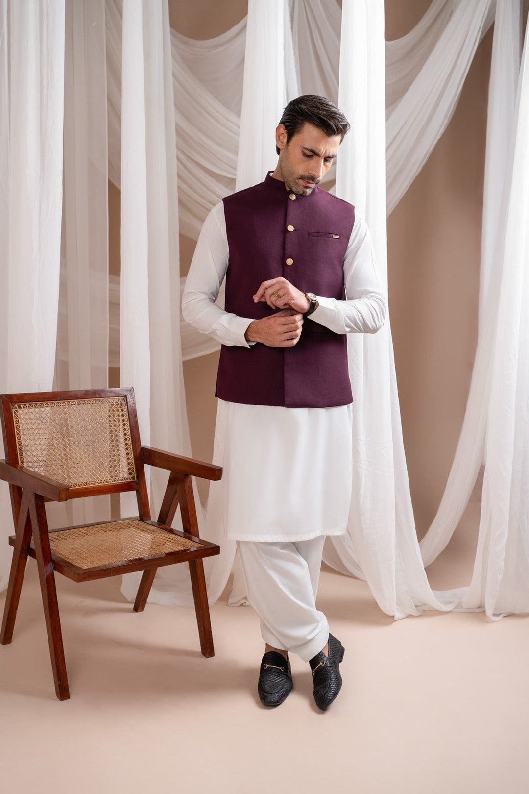Muraqsh Ready To Wear Solids Cotton Men Off White Kurta Shalwar with Burgundy Suiting Waistcoat Straight Cut MUR-OWKSW-KT - Summer Collection