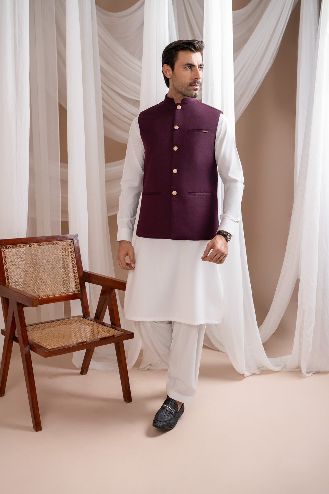 Muraqsh Ready To Wear Solids Cotton Men Off White Kurta Shalwar with Burgundy Suiting Waistcoat Straight Cut MUR-OWKSW-KT - Summer Collection