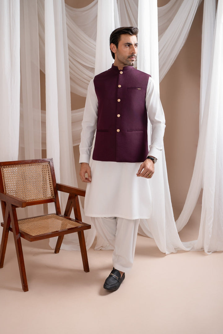 Muraqsh Ready To Wear Solids Cotton Men Off White Kurta Shalwar with Burgundy Suiting Waistcoat Straight Cut MUR-OWKSW-KT - Summer Collection