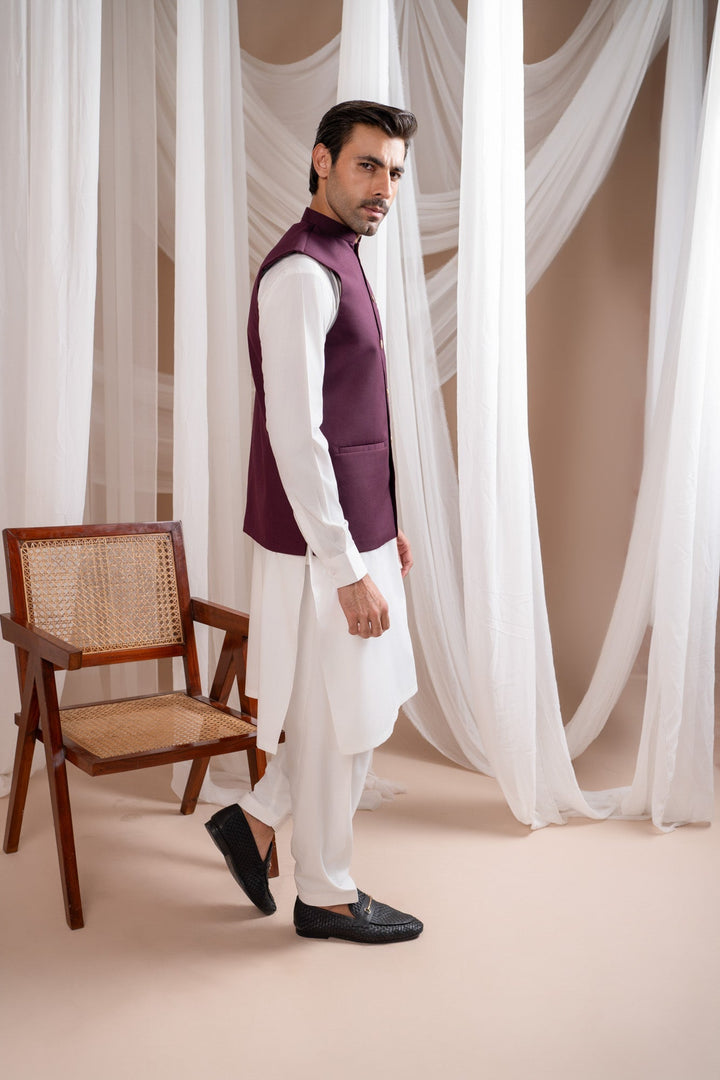 Muraqsh Ready To Wear Solids Cotton Men Off White Kurta Shalwar with Burgundy Suiting Waistcoat Straight Cut MUR-OWKSW-KT - Summer Collection