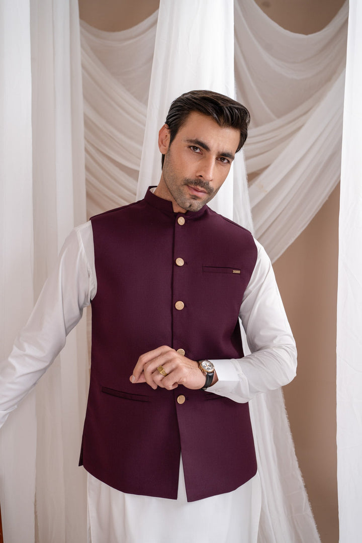 Muraqsh Ready To Wear Solids Cotton Men Off White Kurta Shalwar with Burgundy Suiting Waistcoat Straight Cut MUR-OWKSW-KT - Summer Collection
