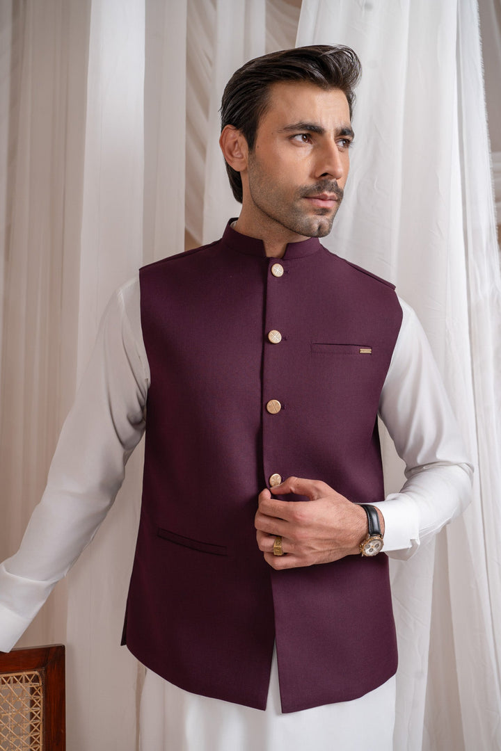 Muraqsh Ready To Wear Solids Cotton Men Off White Kurta Shalwar with Burgundy Suiting Waistcoat Straight Cut MUR-OWKSW-KT - Summer Collection