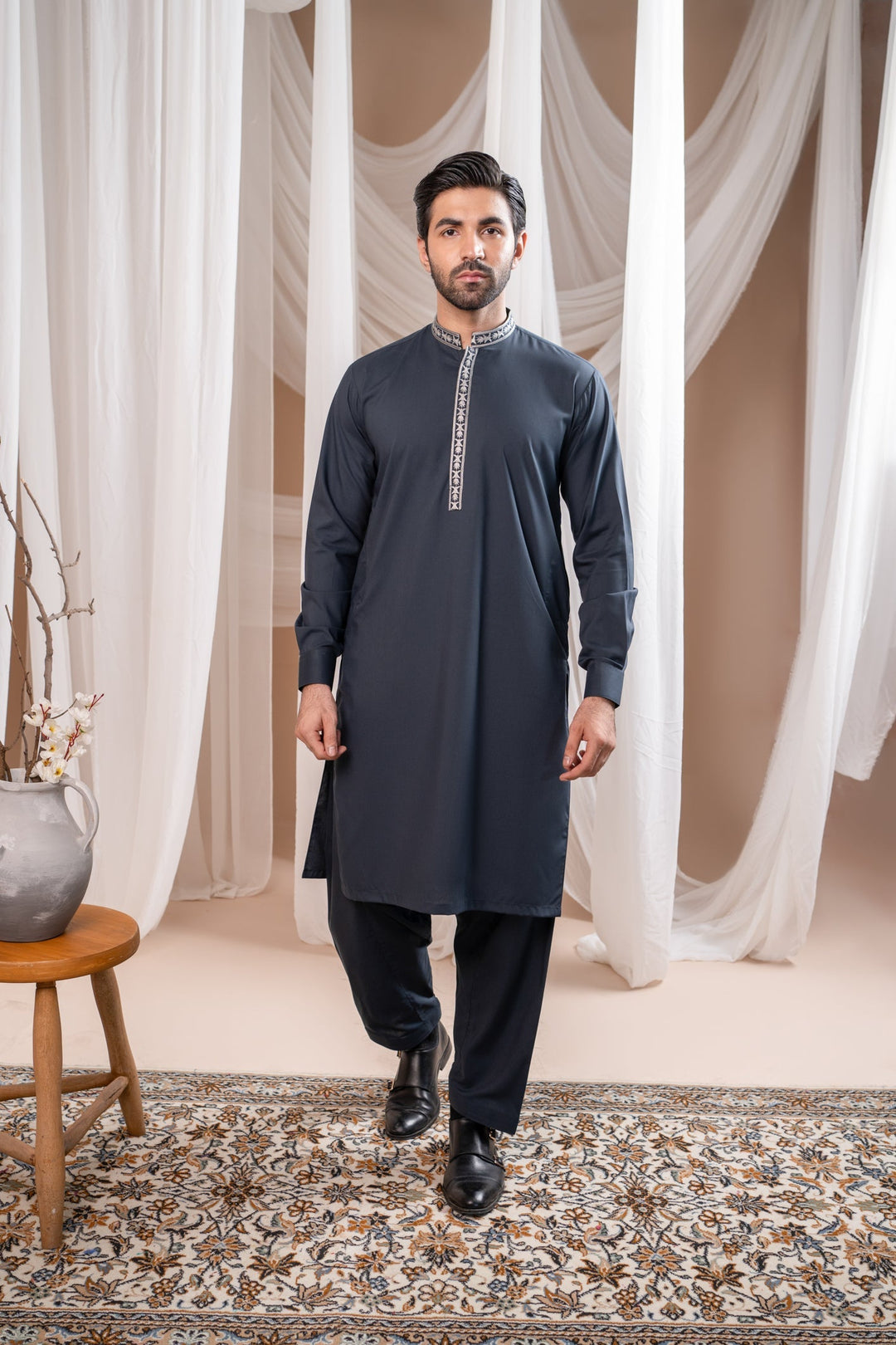 Muraqsh Ready To Wear Embroidered Cotton Men Formal Grey Kurta Shalwar Collar Neck MUR-FGKS - Summer Collection