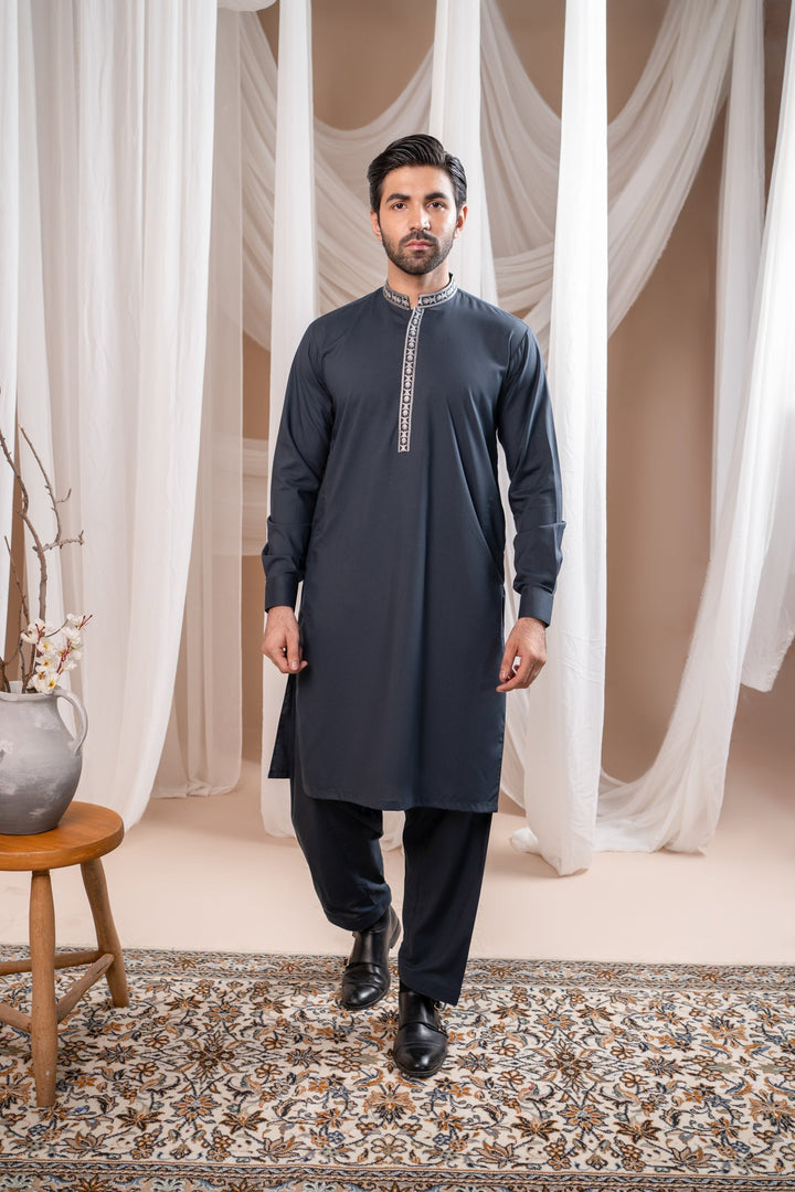 Muraqsh Ready To Wear Embroidered Cotton Men Formal Grey Kurta Shalwar Collar Neck MUR-FGKS - Summer Collection