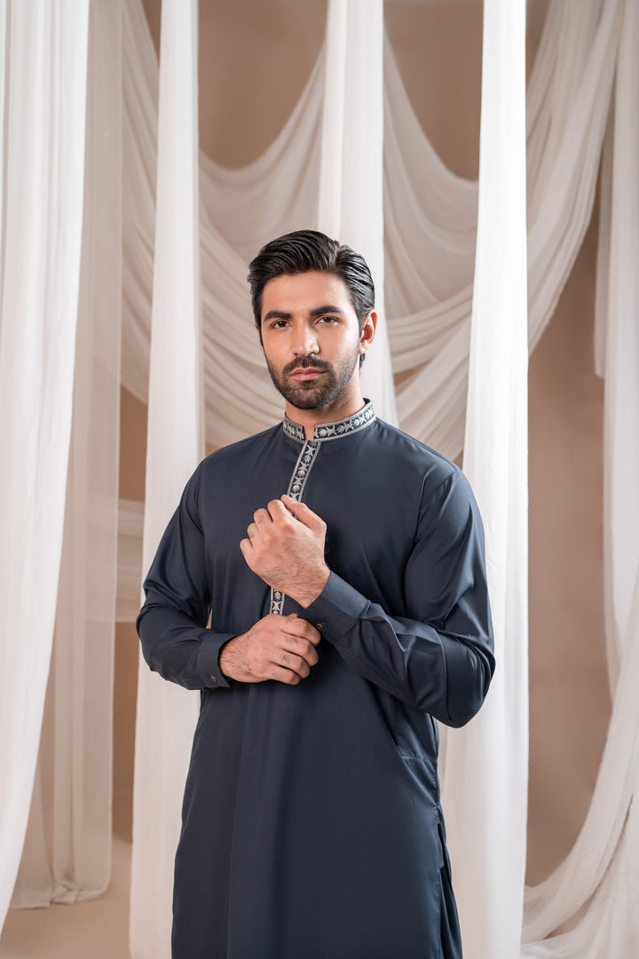 Muraqsh Ready To Wear Embroidered Cotton Men Formal Grey Kurta Shalwar Collar Neck MUR-FGKS - Summer Collection
