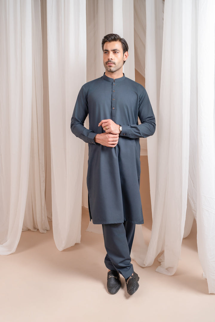 Muraqsh Ready To Wear Solids Cotton Men Charcoal Grey Kurta Trouser/Shalwar MUR-CGKT-KS - Summer Collection