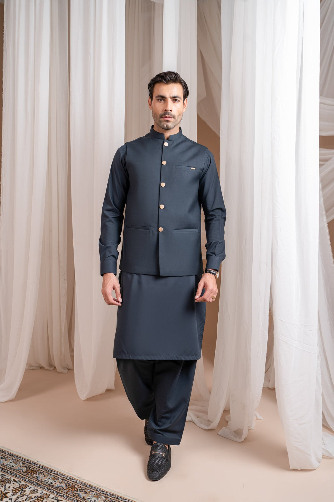 Muraqsh Ready To Wear Solids Cotton Men Charcoal Grey Kurta Shalwar with Suiting Waistcoat Straight Cut MUR-CGKSW-KT - Summer Collection