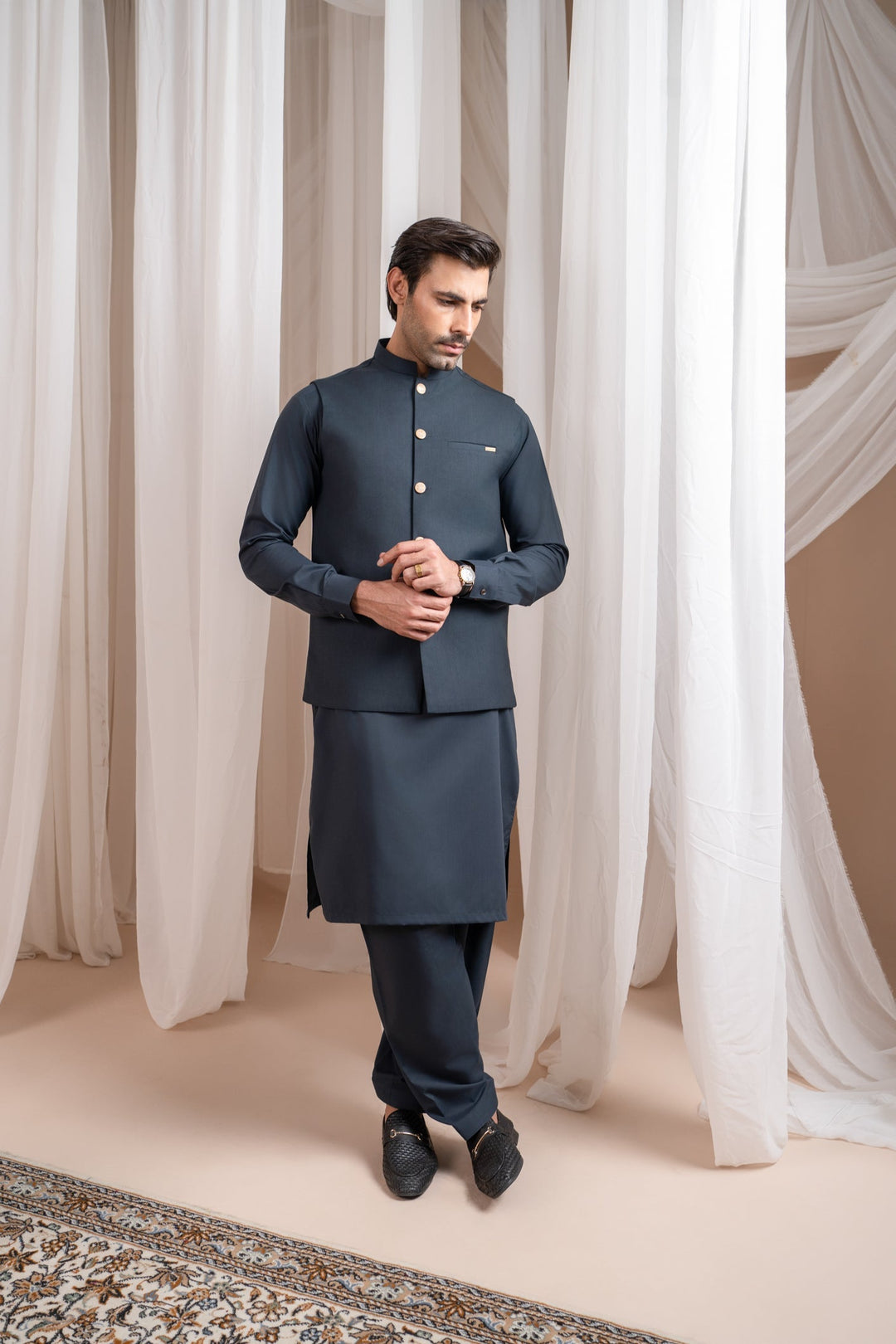 Muraqsh Ready To Wear Solids Cotton Men Charcoal Grey Kurta Shalwar with Suiting Waistcoat Straight Cut MUR-CGKSW-KT - Summer Collection