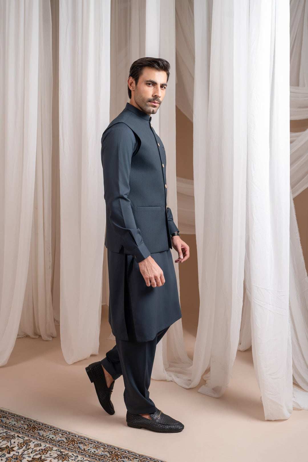 Muraqsh Ready To Wear Solids Cotton Men Charcoal Grey Kurta Shalwar with Suiting Waistcoat Straight Cut MUR-CGKSW-KT - Summer Collection