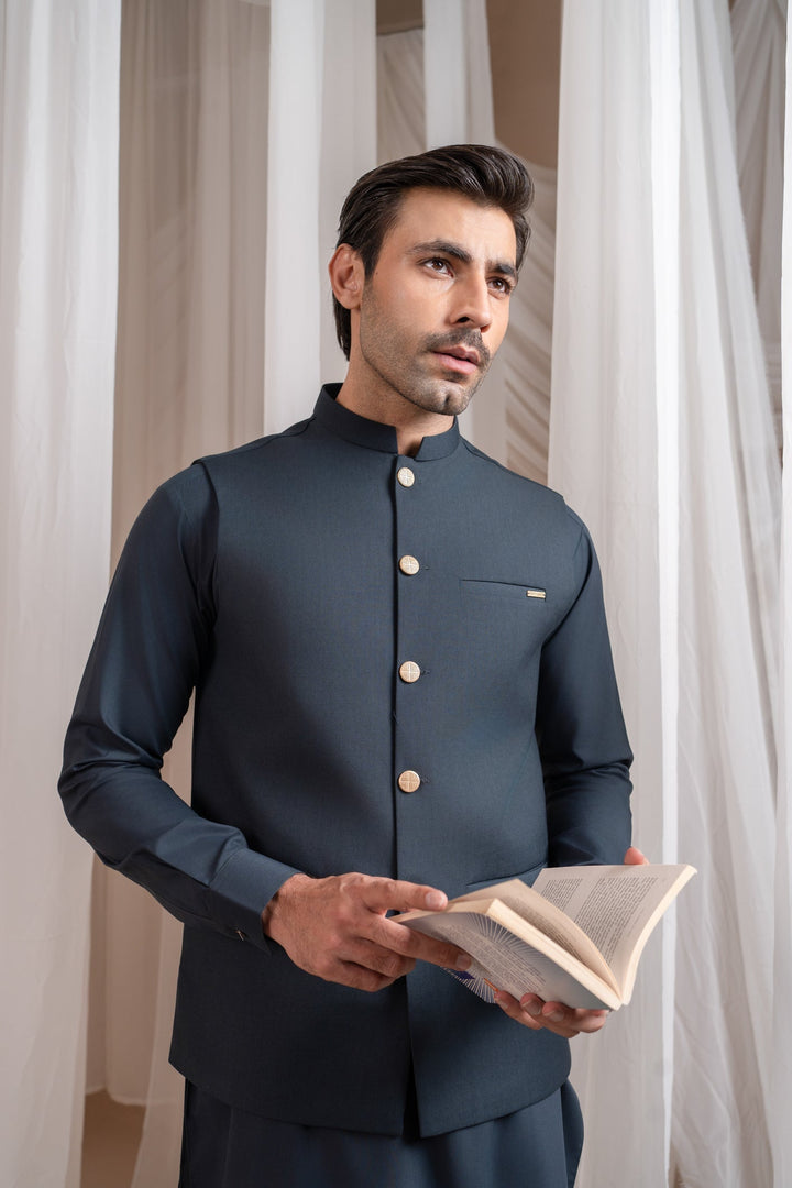 Muraqsh Ready To Wear Solids Cotton Men Charcoal Grey Kurta Shalwar with Suiting Waistcoat Straight Cut MUR-CGKSW-KT - Summer Collection