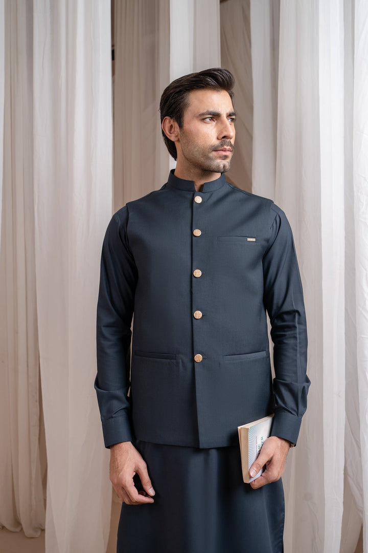 Muraqsh Ready To Wear Solids Cotton Men Charcoal Grey Kurta Shalwar with Suiting Waistcoat Straight Cut MUR-CGKSW-KT - Summer Collection
